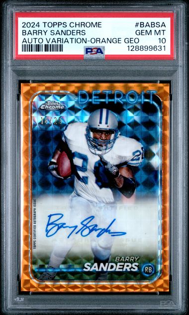 Graded 2024 Topps Chrome Barry Sanders #BABSA /25 Orange Geometric Auto Football Card PSA 10 Gem Mint
