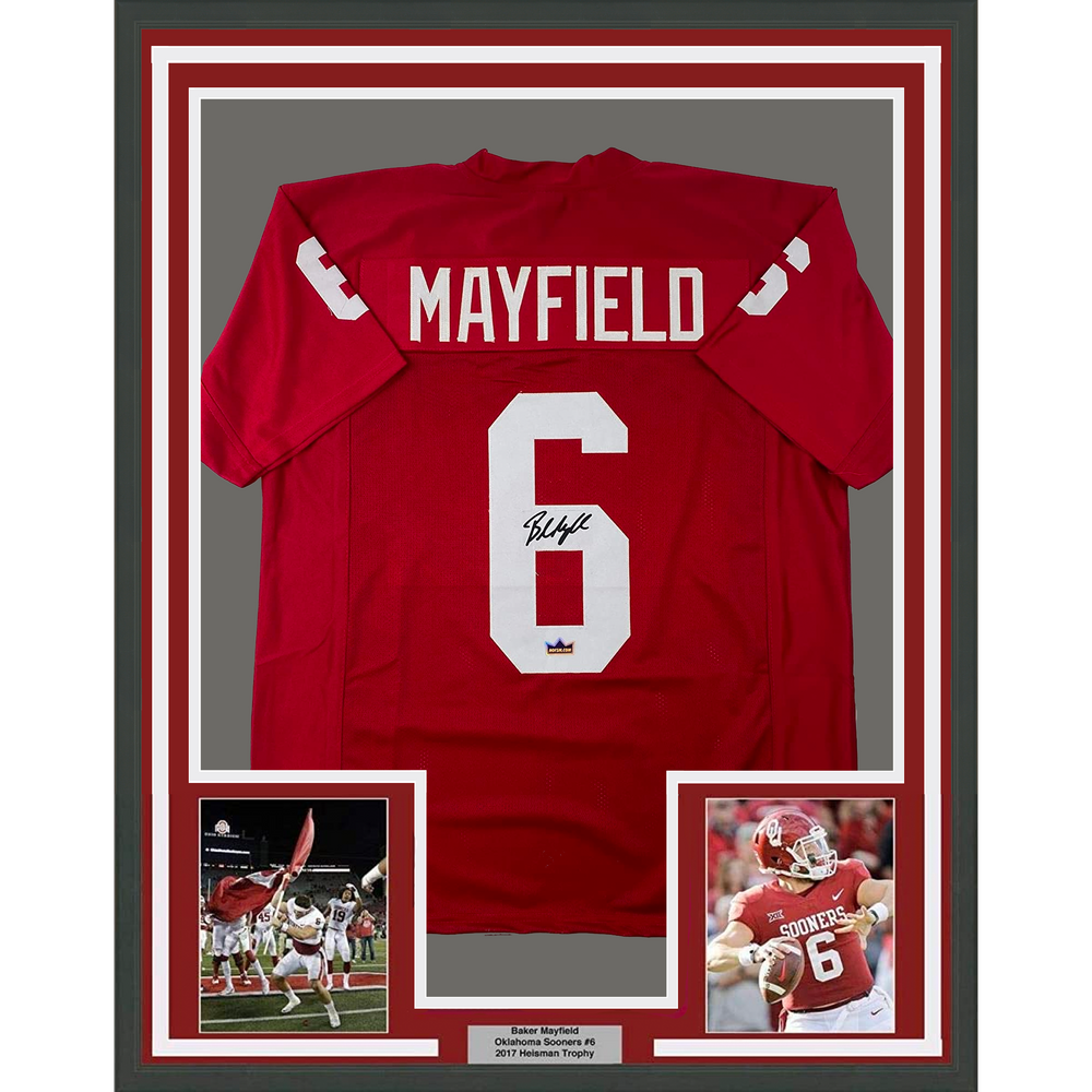 Framed Facsimile Autographed Baker Mayfield 35x39 Oklahoma Red Reprint Laser Auto College Football Jersey Size Men's XL (ONLINE ORDER ONLY)