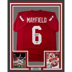 Framed Facsimile Autographed Baker Mayfield 35x39 Oklahoma Red Reprint Laser Auto College Football Jersey Size Men's XL (ONLINE ORDER ONLY)