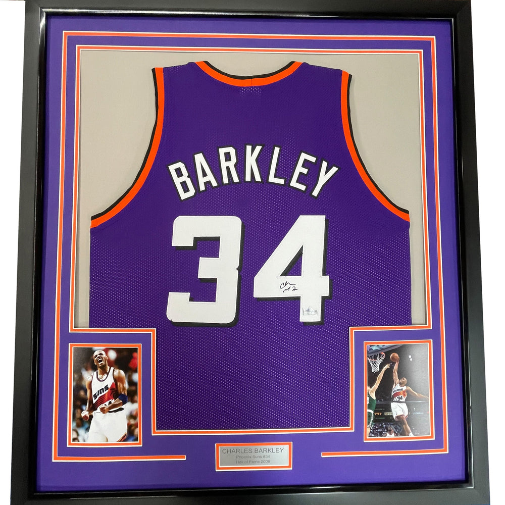 Framed Facsimile Autographed Charles Barkley 35x39 Phoenix Purple Reprint Laser Auto Basketball Jersey (ONLINE ORDER ONLY)