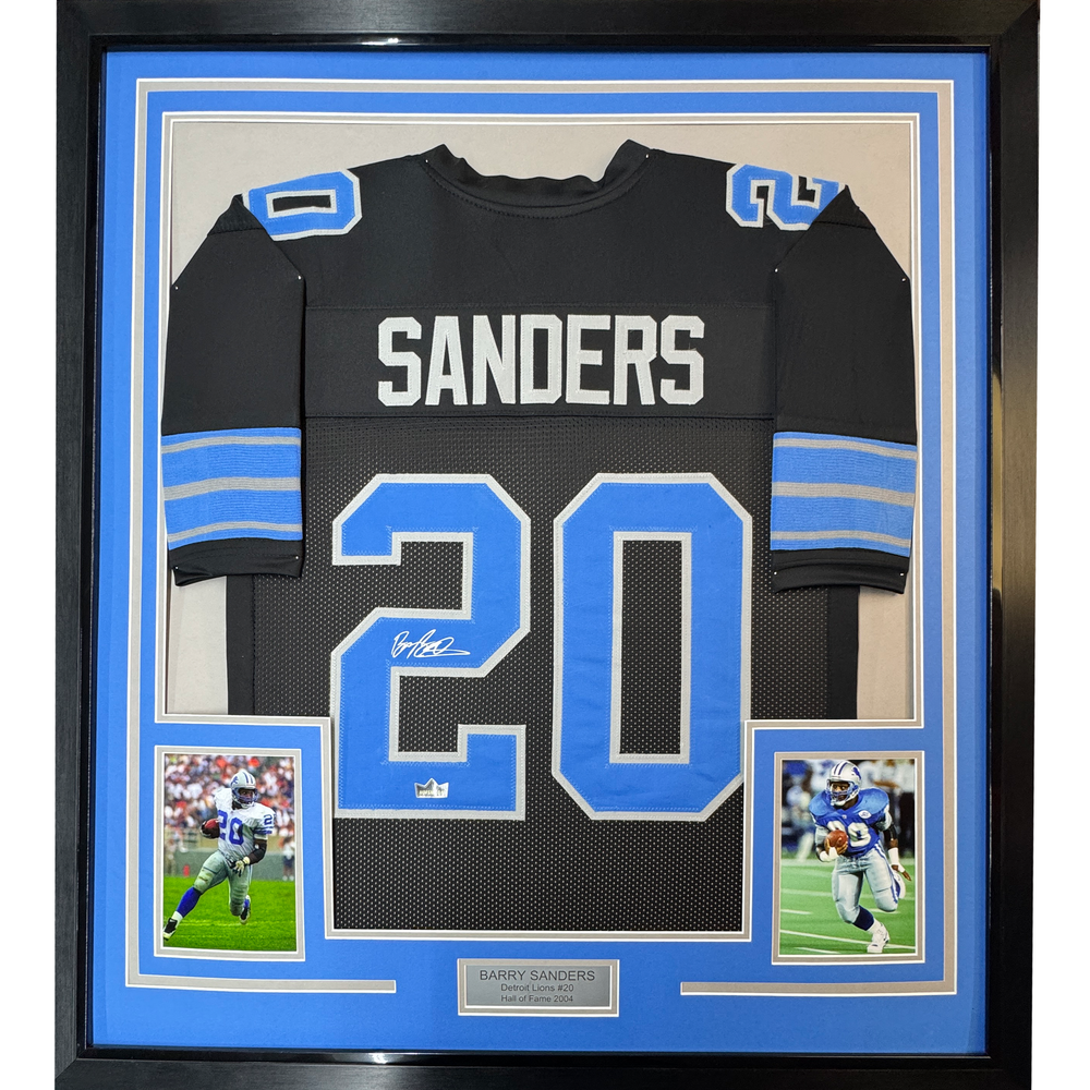 Framed Facsimile Autographed Barry Sanders 35x39 Detroit Black Reprint Laser Auto Football Jersey (ONLINE ORDER ONLY)