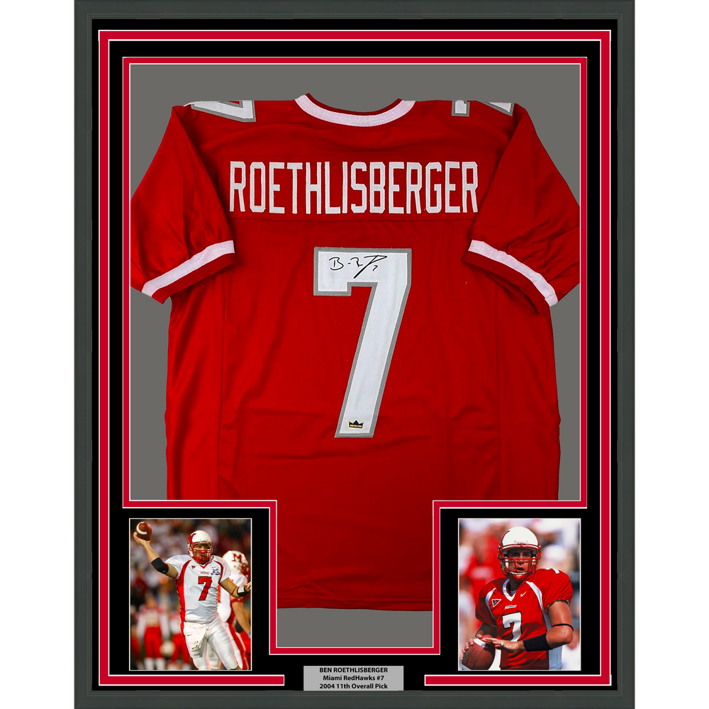 Framed Facsimile Autographed Ben Roethlisberger 35x39 Miami Ohio Red Reprint Laser Auto College Football Jersey Size Men's XL (ONLINE ORDER ONLY)