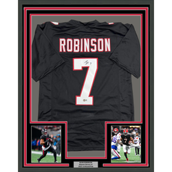 Framed Autographed/Signed Bijan Robinson 35x39 Atlanta Retro Black Football Jersey Beckett BAS COA