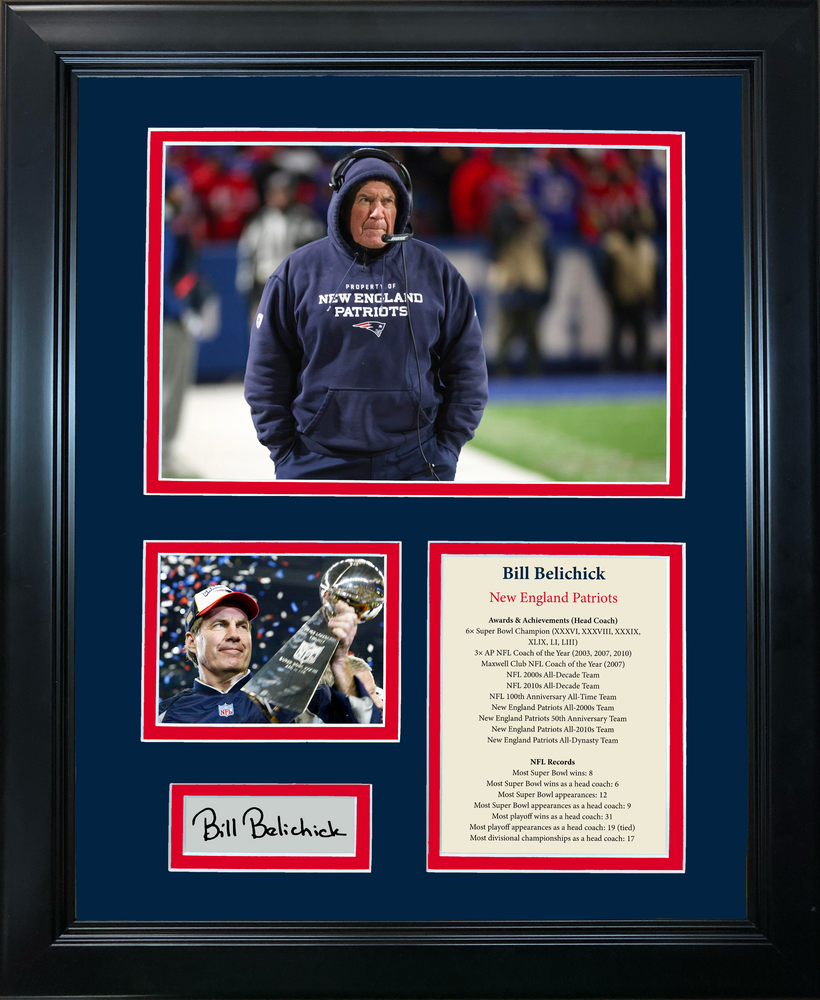 Framed Bill Belichick Facsimile Laser Engraved Signature Auto New England Patriots Football 11"x14" Photo Sig Collage (ONLINE ORDER ONLY)