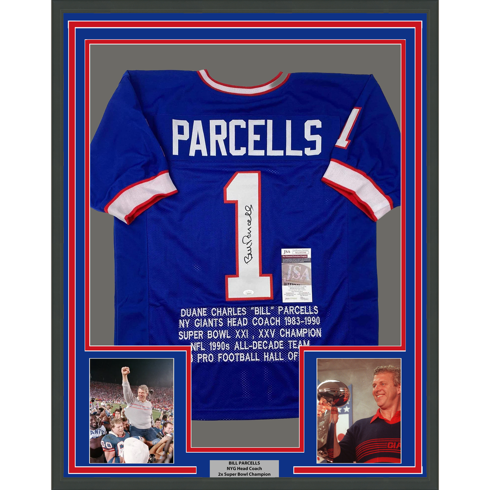 Framed Autographed/Signed Bill Parcells 35x39 New York Blue Stat Football Jersey JSA COA