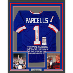 Framed Autographed/Signed Bill Parcells 35x39 New York Blue Stat Football Jersey JSA COA