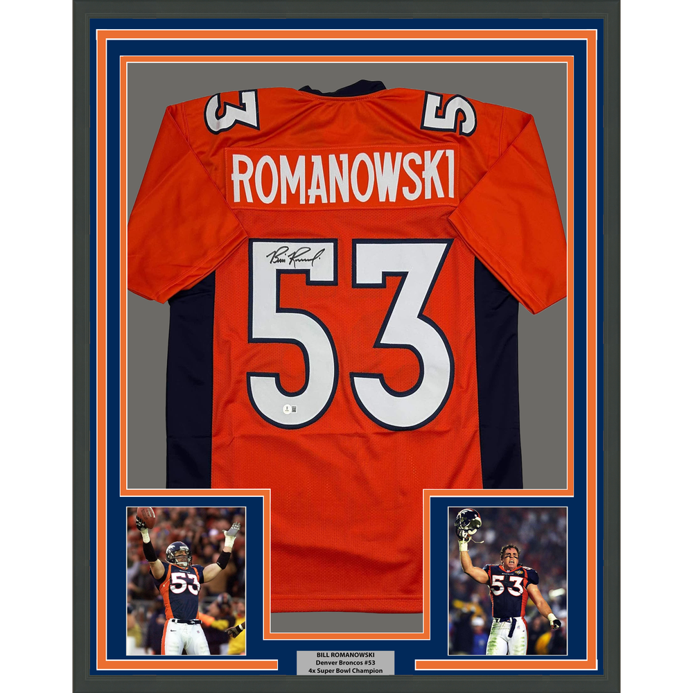 Framed Autographed/Signed Bill Romanowski 35x39 Denver Orange Football Jersey Beckett BAS COA