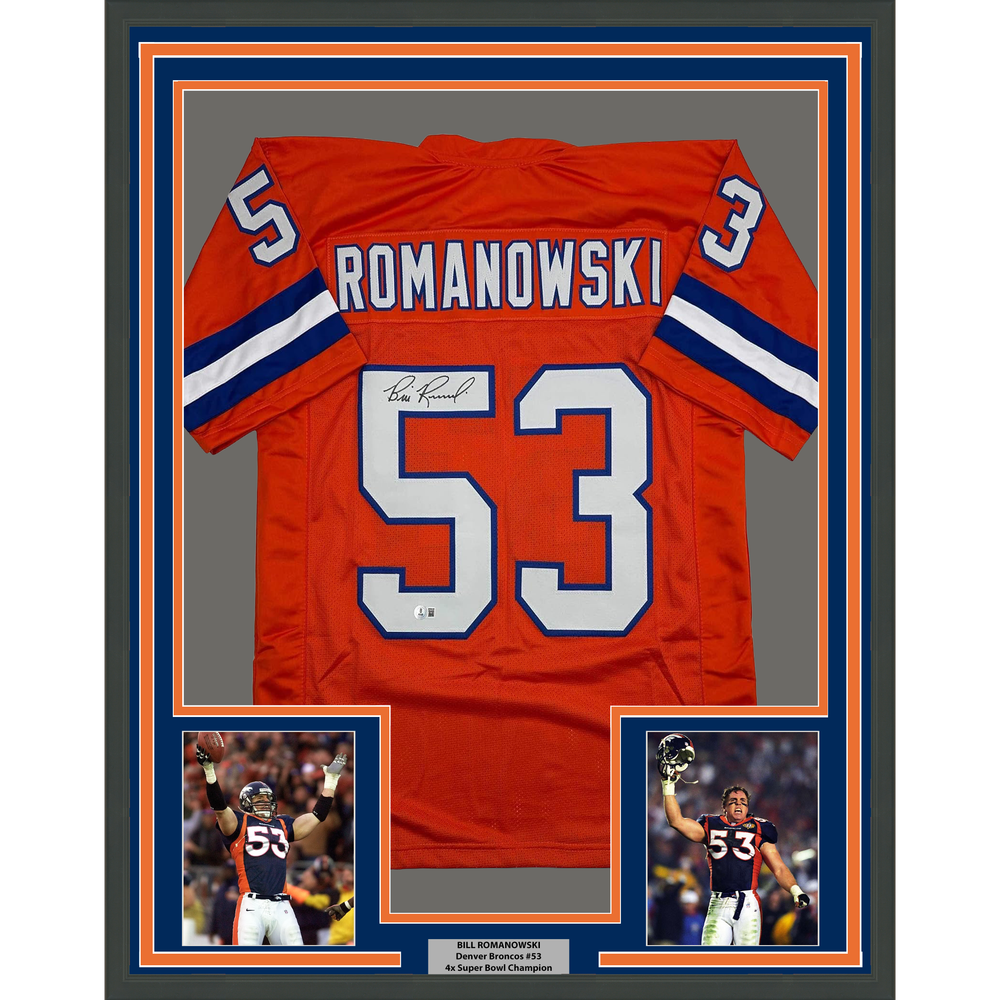 Framed Autographed/Signed Bill Romanowski 35x39 Denver Retro Orange Football Jersey Beckett BAS COA