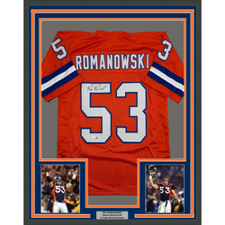 Framed Autographed/Signed Bill Romanowski 35x39 Denver Retro Orange Football Jersey Beckett BAS COA