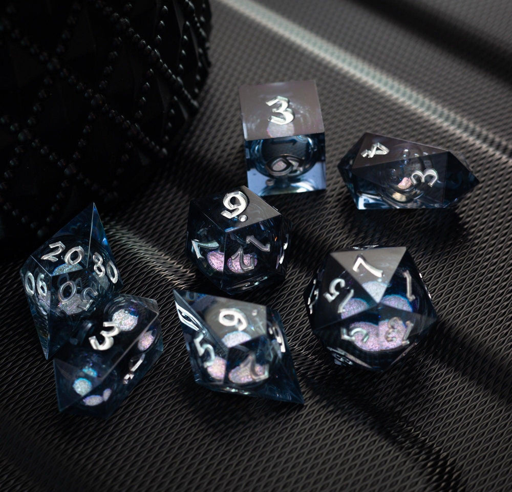 Black And Silver Glitter Liquid Core Handmade Resin DND Dice Set (ONLINE ORDER ONLY)