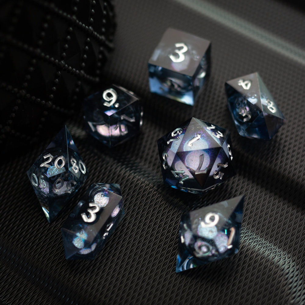 Black And Silver Glitter Liquid Core Handmade Resin DND Dice Set (ONLINE ORDER ONLY)