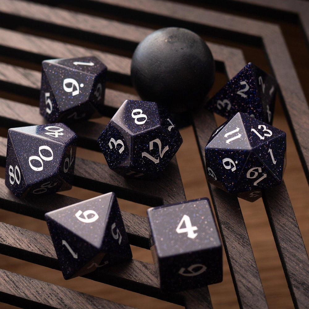 Blue Sandstone Silver Font Gemstone DND Dice Set (ONLINE ORDER ONLY)