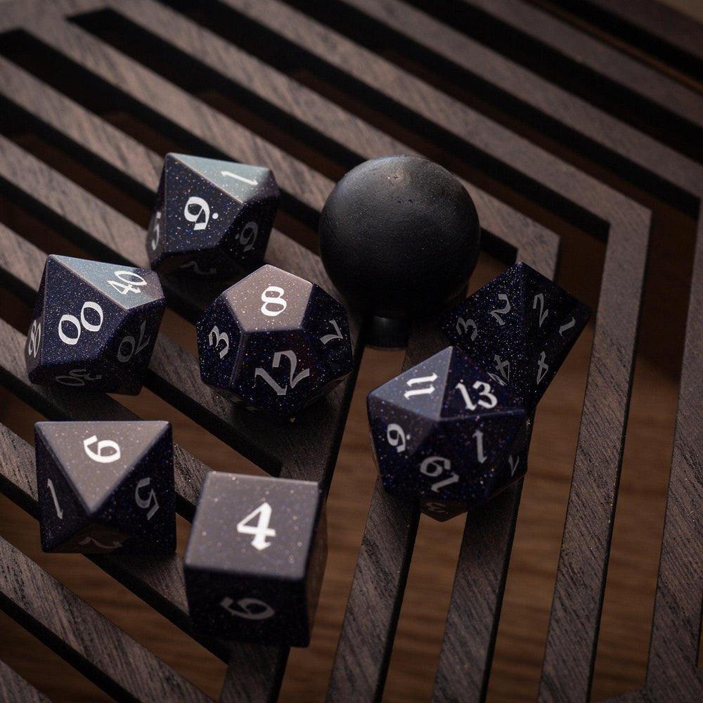 Blue Sandstone Silver Font Gemstone DND Dice Set (ONLINE ORDER ONLY)