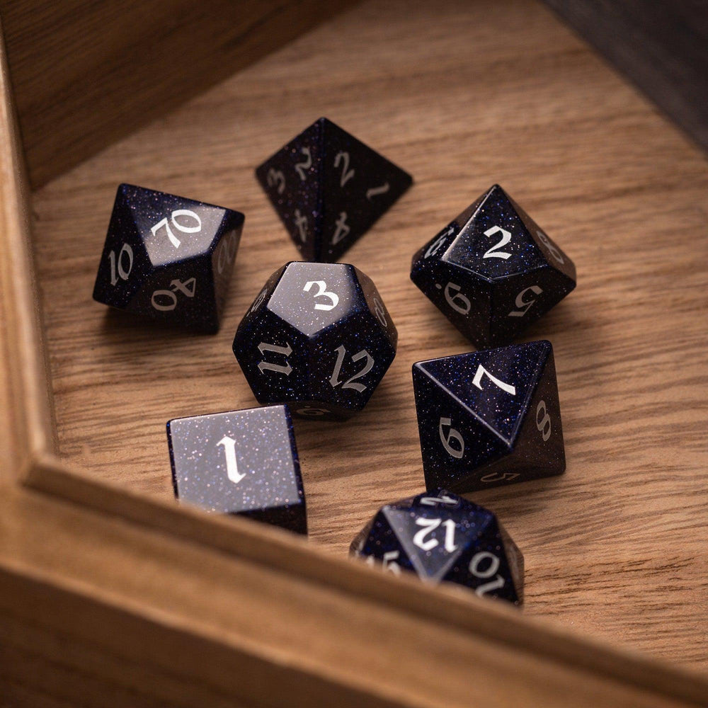 Blue Sandstone Silver Font Gemstone DND Dice Set (ONLINE ORDER ONLY)