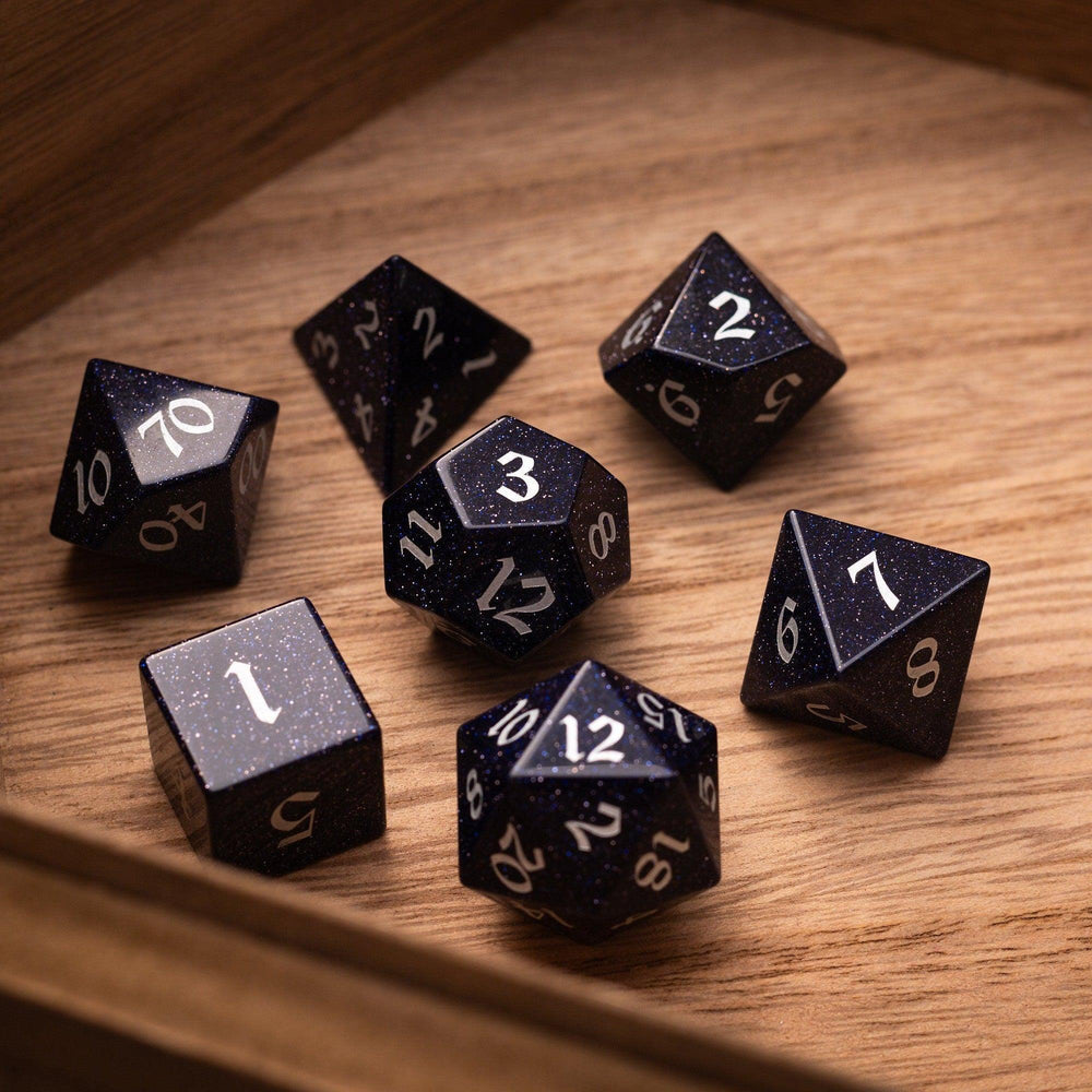 Blue Sandstone Silver Font Gemstone DND Dice Set (ONLINE ORDER ONLY)