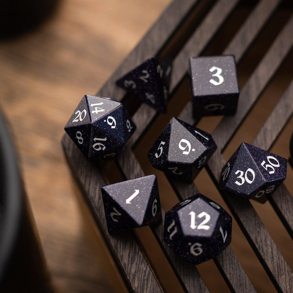 Blue Sandstone Silver Font Gemstone DND Dice Set (ONLINE ORDER ONLY)