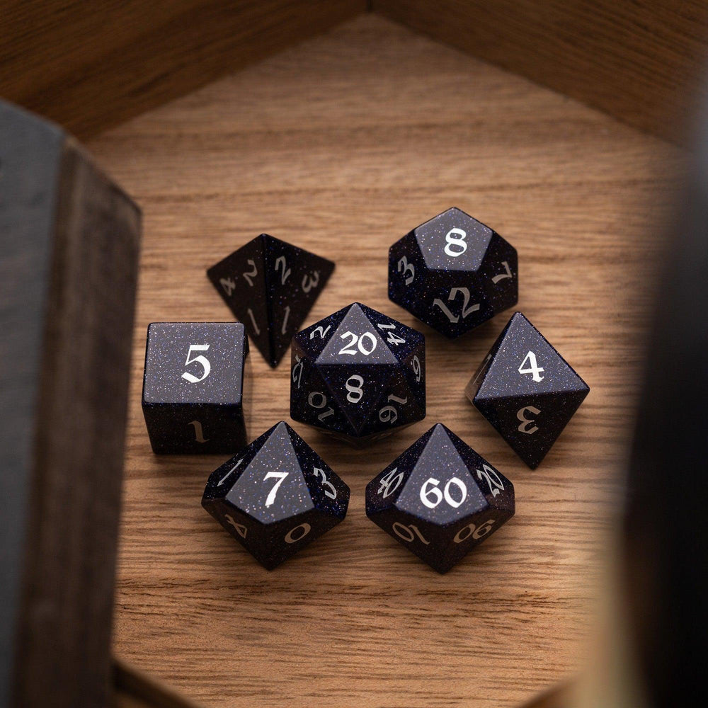 Blue Sandstone Silver Font Gemstone DND Dice Set (ONLINE ORDER ONLY)