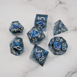 Blue Slaadi's Eye - 7 Piece Moving Eye DnD Dice Set | Acrylic RPG Gaming Dice (ONLINE ORDER ONLY)