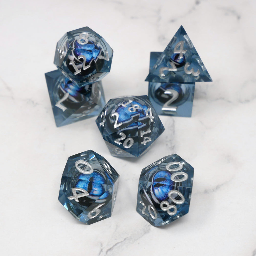 Blue Slaadi's Eye - 7 Piece Moving Eye DnD Dice Set | Acrylic RPG Gaming Dice (ONLINE ORDER ONLY)