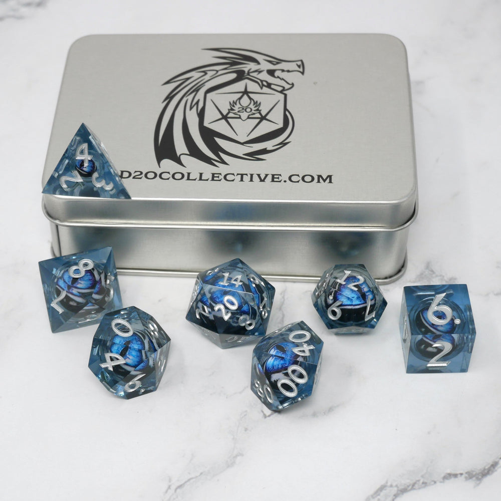 Blue Slaadi's Eye - 7 Piece Moving Eye DnD Dice Set | Acrylic RPG Gaming Dice (ONLINE ORDER ONLY)