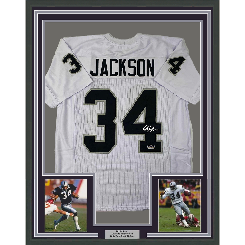 Framed Facsimile Autographed Bo Jackson 35x39 Oakland Las Vegas White Reprint Laser Auto Football Jersey (ONLINE ORDER ONLY)