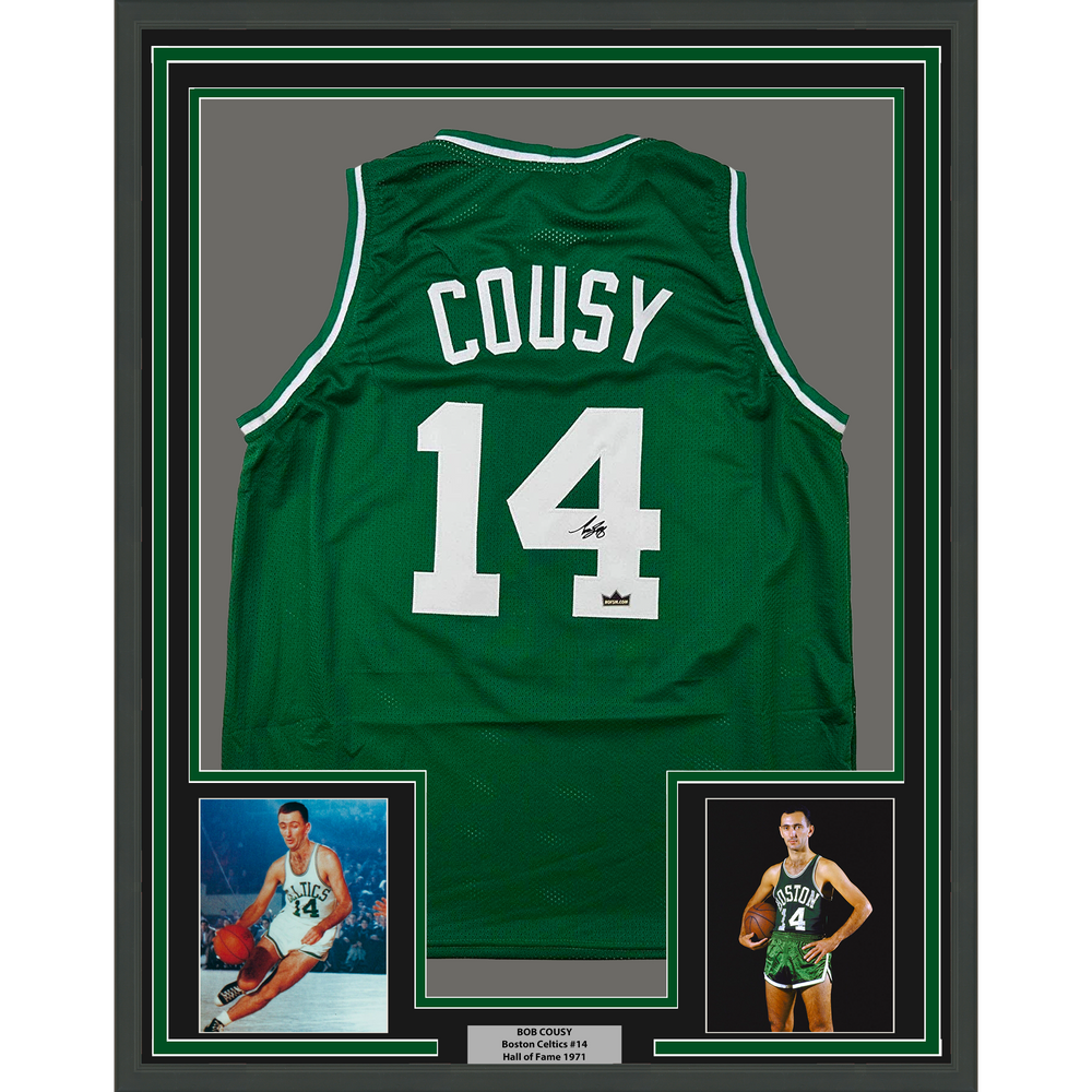 Framed Facsimile Autographed Bob Cousy 35x39 Boston Green Reprint Laser Auto Basketball Jersey (ONLINE ORDER ONLY)