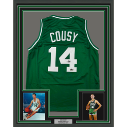 Framed Facsimile Autographed Bob Cousy 35x39 Boston Green Reprint Laser Auto Basketball Jersey (ONLINE ORDER ONLY)