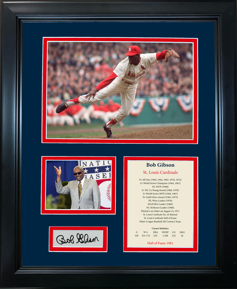 Framed Bob Gibson Hall of Fame Facsimile Laser Engraved Signature Auto Baseball 11"x14" Photo Sig Collage (ONLINE ORDER ONLY)