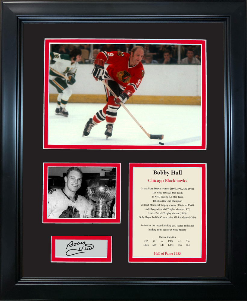 Framed Bobby Hull Hall of Fame Facsimile Laser Engraved Signature Auto Chicago Blackhawks 11"x14" Hockey Photo Sig Collage (ONLINE ORDER ONLY)