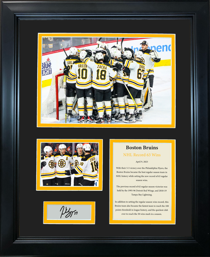Framed Boston Bruins 2023 Regular Season 63 Wins Record Patrice Bergeron Facsimile Laser Engraved Signature Auto 11"x14" Hockey Photo Sig Collage (ONLINE ORDER ONLY)