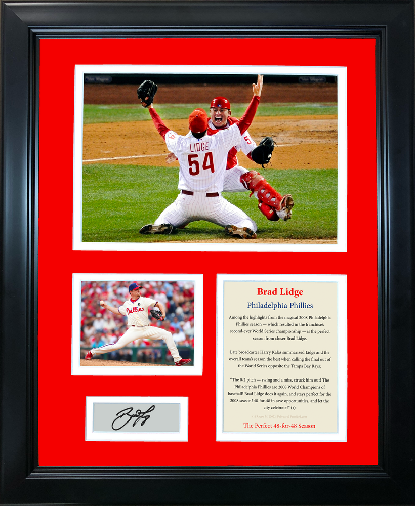 Framed Brad Lidge 2008 Perfect 48-for-48 Season Facsimile Laser Engraved Signature Auto Philadelphia Phillies 11"x14" Baseball Photo Sig Collage (ONLINE ORDER ONLY)