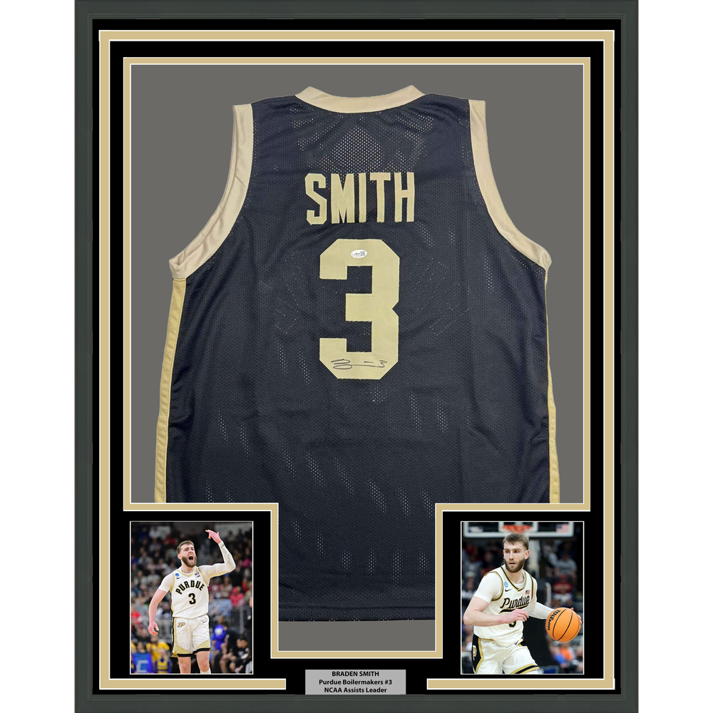 Framed Autographed/Signed Braden Smith 35x39 Purdue Black College Basketball Jersey JSA COA