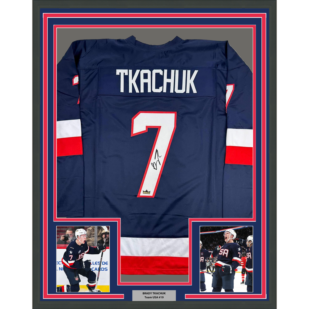 Framed Facsimile Autographed Brady Tkachuk 35x39 United States USA Blue 2025 4 Nations Face-Off Reprint Laser Auto Hockey Jersey (ONLINE ORDER ONLY)