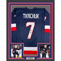 Framed Facsimile Autographed Brady Tkachuk 35x39 United States USA Blue 2025 4 Nations Face-Off Reprint Laser Auto Hockey Jersey (ONLINE ORDER ONLY)