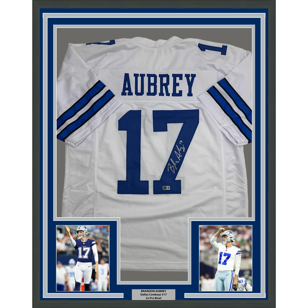 Framed Autographed/Signed Brandon Aubrey 35x39 Dallas White Football Jersey Beckett BAS COA