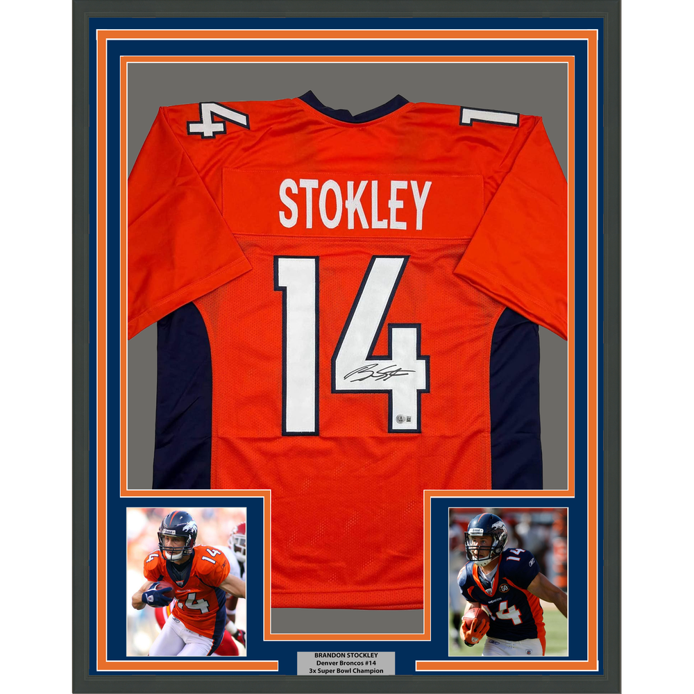 Framed Autographed/Signed Brandon Stokley 35x39 Denver Orange Football Jersey Beckett BAS COA