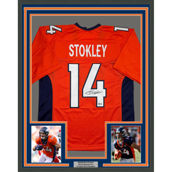 Framed Autographed/Signed Brandon Stokley 35x39 Denver Orange Football Jersey Beckett BAS COA