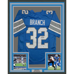 Framed Autographed/Signed Brian Branch 35x39 Detroit Blue Football Jersey Beckett BAS COA