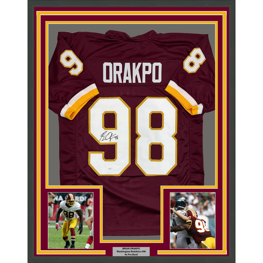 Framed Autographed/Signed Brian Orakpo 35x39 Washington Burgundy Football Jersey JSA COA