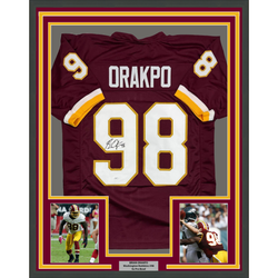 Framed Autographed/Signed Brian Orakpo 35x39 Washington Burgundy Football Jersey JSA COA