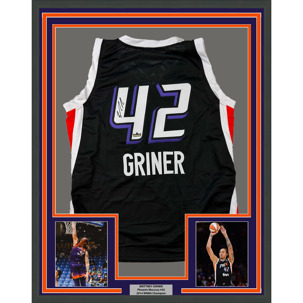 Framed Facsimile Autographed Brittney Griner 35x39 Phoenix Black Reprint Laser Auto Basketball Jersey (ONLINE ORDER ONLY)