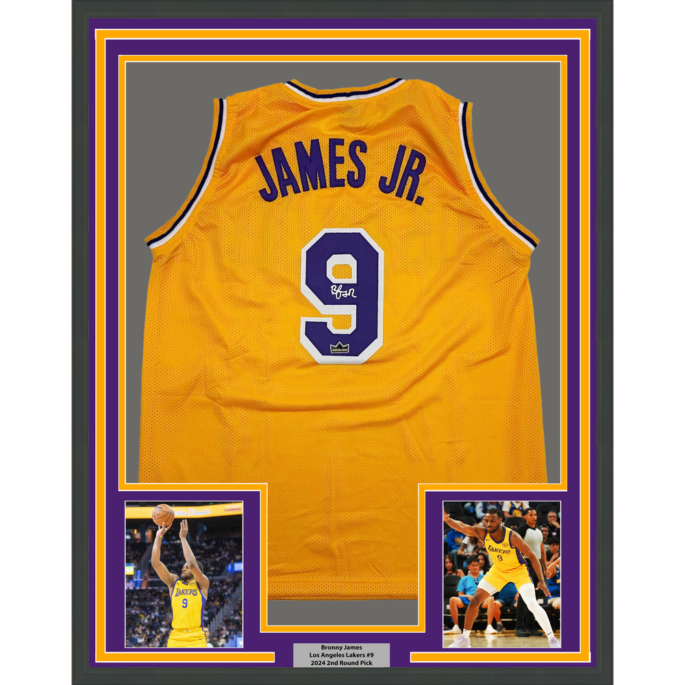 Framed Facsimile Autographed Bronny James Jr. 35x39 Los Angeles LA Yellow Reprint Laser Auto Basketball Jersey (ONLINE ORDER ONLY)