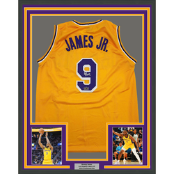 Framed Facsimile Autographed Bronny James Jr. 35x39 Los Angeles LA Yellow Reprint Laser Auto Basketball Jersey (ONLINE ORDER ONLY)