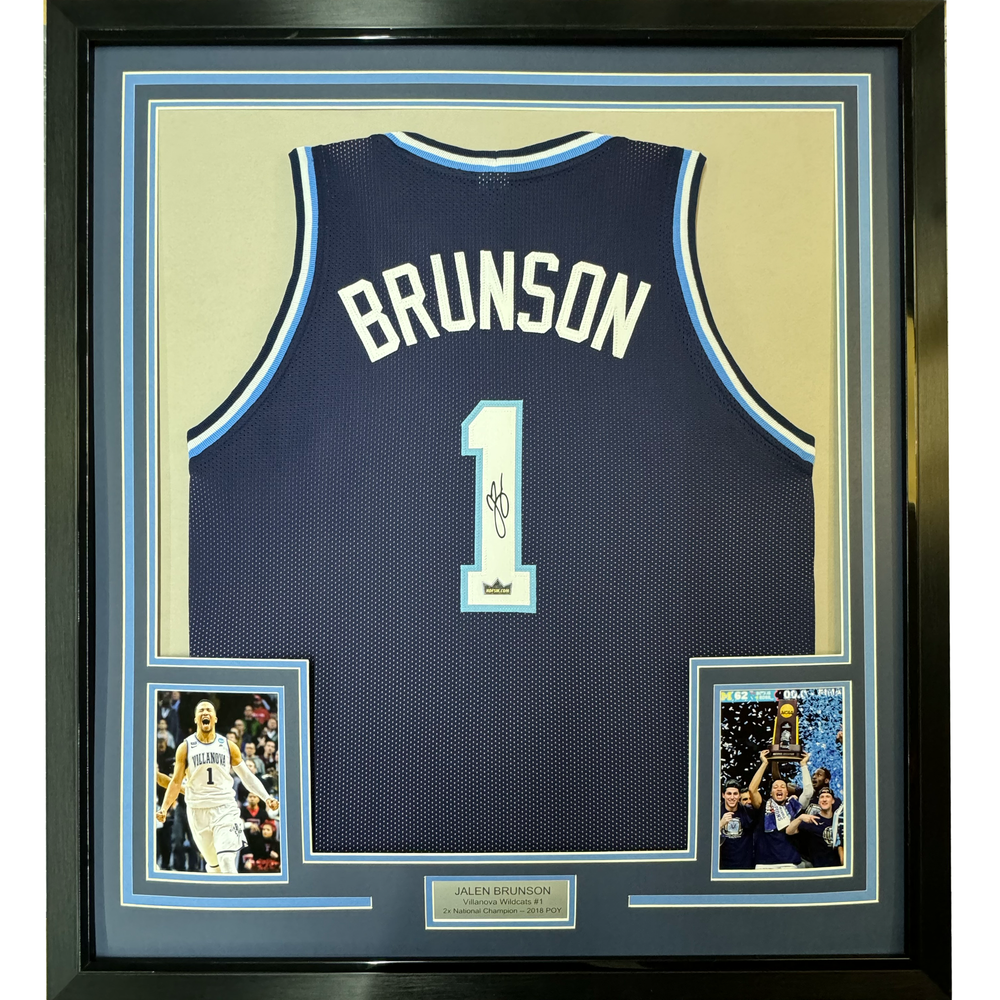 Framed Facsimile Autographed Jalen Brunson 35x39 Villanova Blue Reprint Laser Auto College Basketball Jersey (ONLINE ORDER ONLY)