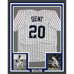 Framed Autographed/Signed Bucky Dent 35x39 New York Pinstripe Baseball Jersey Beckett BAS COA