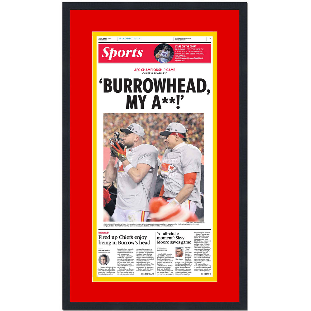 Framed Kansas City Star Chiefs Burrowhead My A** AFC Conference Champions 14x24 Football Newspaper Cover Photo Professionally Matted (ONLINE ORDER ONLY)