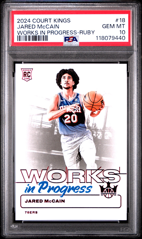 Graded 2024 Panini Court Kings Jared McCain #18 Works In Progress Ruby /149 Rookie RC Basketball Card PSA 10 Gem Mint (ONLINE ORDER ONLY)