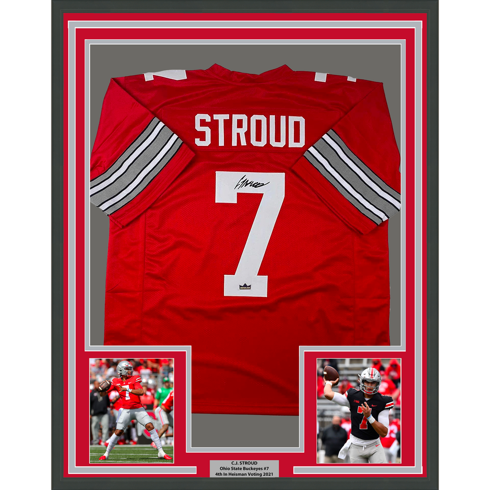 Framed Facsimile Autographed CJ C.J. Stroud 35x39 Ohio State Red Reprint Laser Auto College Football Jersey (ONLINE ORDER ONLY)