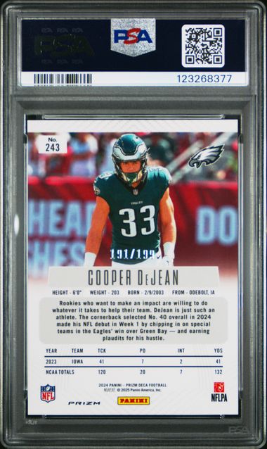 Graded 2024 Panini Prizm Deca Cooper DeJean #243 /199 Rookie RC Football Card PSA 9 Mint (ONLINE ORDER ONLY)