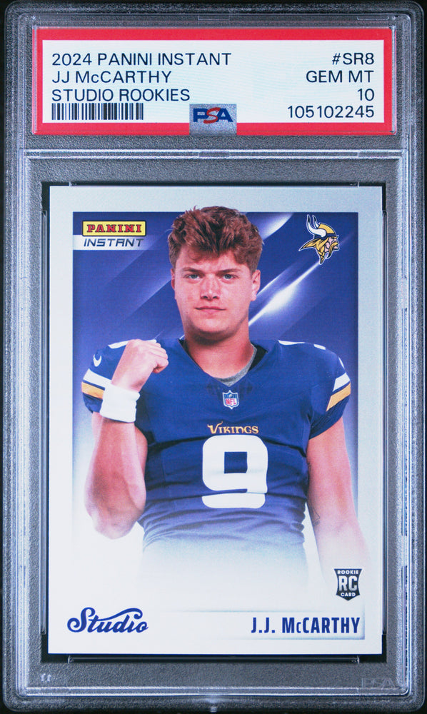Graded 2024 Panini Instant JJ McCarthy #SR8 Studio Rookies /1672 Rookie RC Football Card PSA 10 Gem Mint (ONLINE ORDER ONLY)